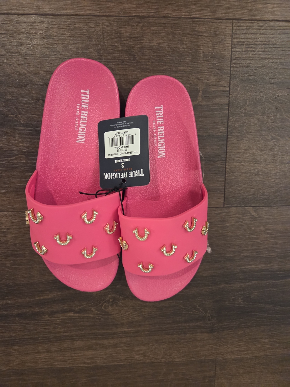 NWT True Religion Pink Slide Sandals with Gold Accents - Picture 2 of 3